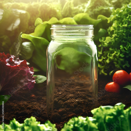 empty mason jar standing in a garden bed densly surrounded by fresh vegetables and salad plants photo