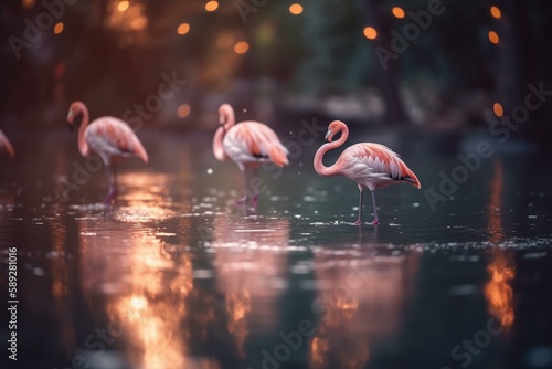 Pink flamingos in water background, bokeh Generative AI