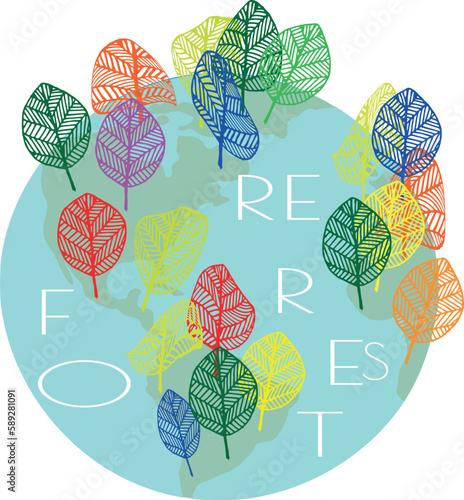 Reforestation concept with leaves representing trees scattered across the globe