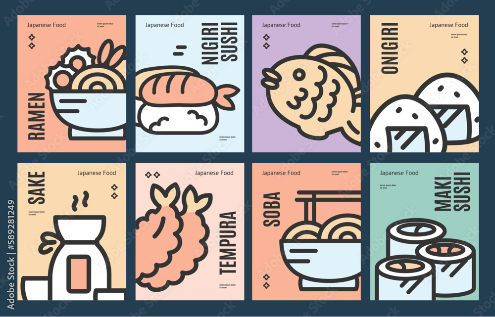 Japan Asian Food Placard Menu Set with Thin Line Icons Include of Ramen, Sake, Nigiri Sushi, Tempura and Soba. Vector illustration