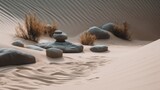 A minimalist and serene shot of a zen garden with rocks and sand, with a muted and calming color palette. generative ai