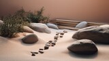 A minimalist and serene shot of a zen garden with rocks and sand, with a muted and calming color palette. generative ai