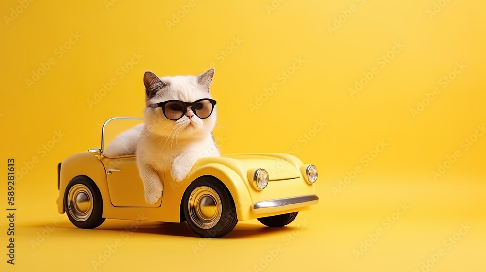 Cute cat with stylish round sunglasses in toy car on yellow background. generative ai