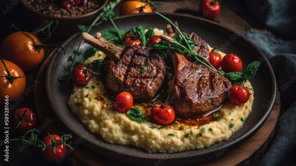 Roasted Lamb Chops with Couscous and Roasted Tomotoes-Mediterranean Food-Generative AI