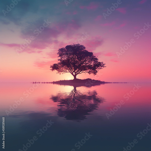 sunset, tree, lake, landscape, sky, nature, water, sunrise, sun, river, reflection, trees, dusk, morning, fog, silhouette, beautiful,