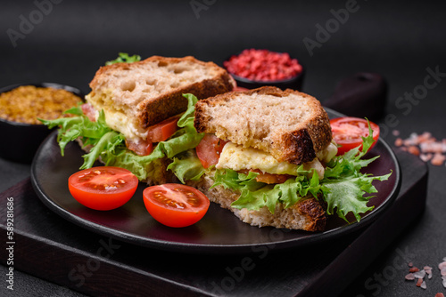 Delicious caprese sandwich with grilled toast, mozzarella, lettuce and tomatoes