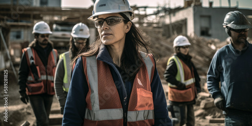 A female construction foreman leading her team on a building site, showcasing authority, confidence, and responsibility in a traditionally male - dominated field (created with Generative AI)