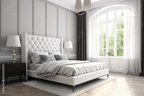 3d render Nordic style bedroom   Luxurious bedroom in a neoclassical style   Master bedroom interior in luxury apartment   Modern bedroom interior with concrete walls, Generative AI © Azar