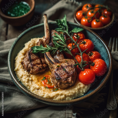 Roasted Lamb Chops with Couscous and Roasted Tomotoes-Mediterranean Food-Generative AI
