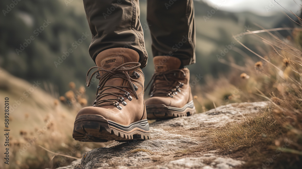 Male hiker walking on scenic mountain trail with close-up of leather hiking boots