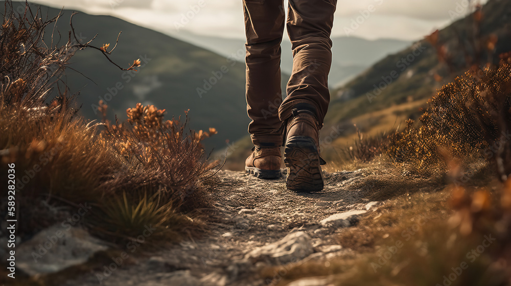 Male hiker walking on scenic mountain trail with close-up of leather hiking boots Male hiker walking on scenic mountain trail with close-up of leather hiking boots