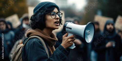 charismatic activist leading a protest march, megaphone in hand, with a determined expression on their face (created with Generative AI)