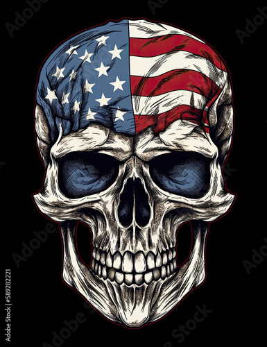American Flag Skull Illustration, logo, t shirt design, patriotic, Independence Day. Generative AI
