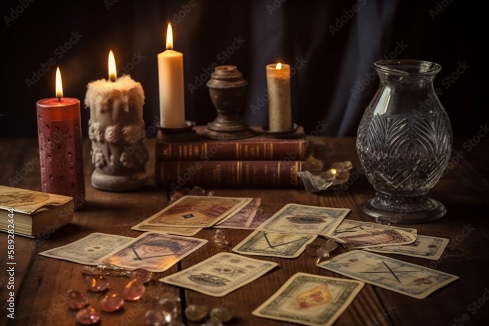 Generative ai Tarot cards on fortune teller old desk background