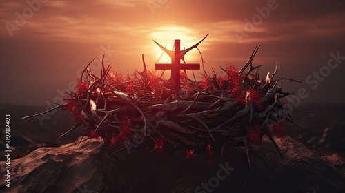 The cross and crown of thorns symbolizing the sacrifice and suffering of Jesus Christ and the red sunset  generative ai