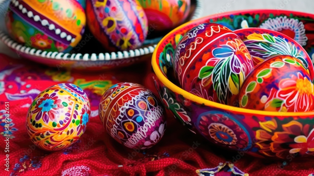 Happy Easter eggs in colorfully painted, patterned baskets, linen napkins on the Bohemian Inspired Table