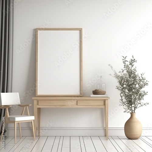 White Blank wooden picture frame mockup on wall in modern interior. generative ai