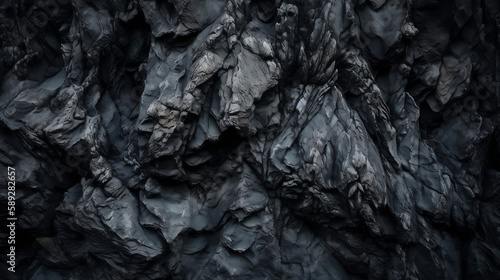 Black white rock texture. Dark gray stone wall background with space for design. Cracked rough mountain surface. Close-up. Wide banner. Panoramic. Granite backdrop. Grunge. Generative AI.