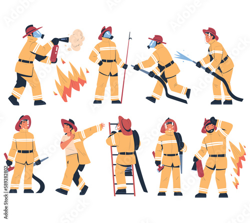 Professional firefighter in action poses with rescue equipment set. Fireman character in uniform, mask and hat. Rescue emergency service in action cartoon vector