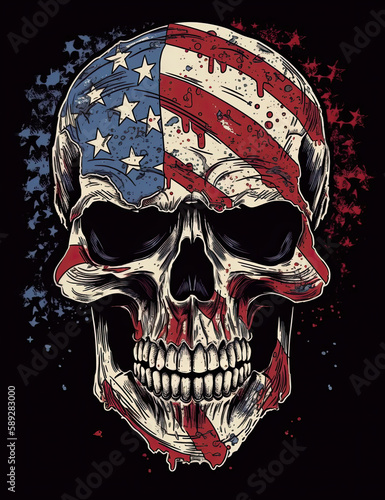 American Flag Skull Illustration, logo, t shirt design, patriotic, Independence Day. Generative AI