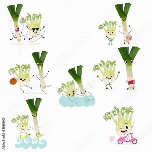 Illustration vector set, collection with funny characters fennel, leek, onion.  Funny and healthy food. Vitamins, cute face food, ingredients, vegetarian, vector cartoon, agriculture, raw.
