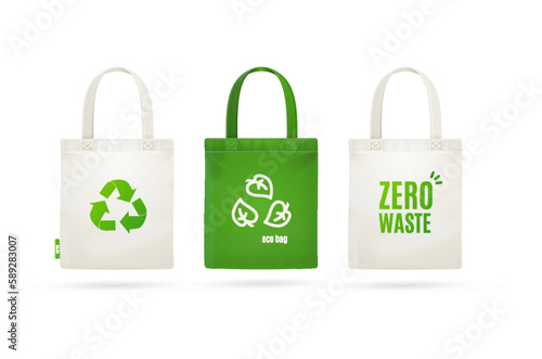 Zero Waste Concept Realistic Detailed 3d Tote Bag Fabric Cloth Set. Vector illustration of Eco Bags