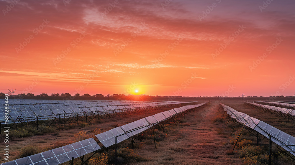 sun begins to rise over the solar farm. Generative Ai