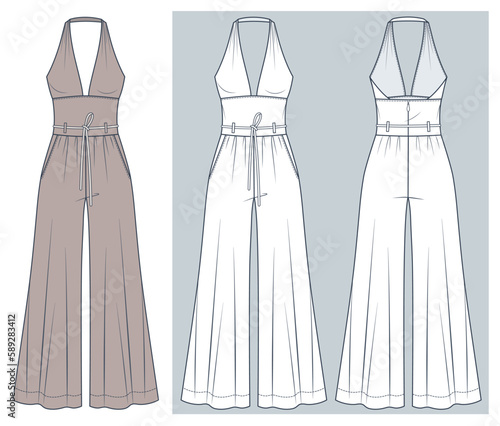 Palazzo Pants Jumpsuit technical fashion Illustration. Halter neck Jumpsuit fashion technical drawing template, drapery, v-neck, zip-up, belted, front and back view, white, mocha, women CAD mockup set