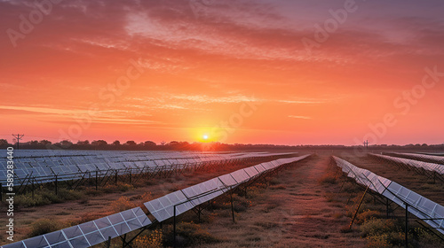 sun begins to rise over the solar farm. Generative Ai