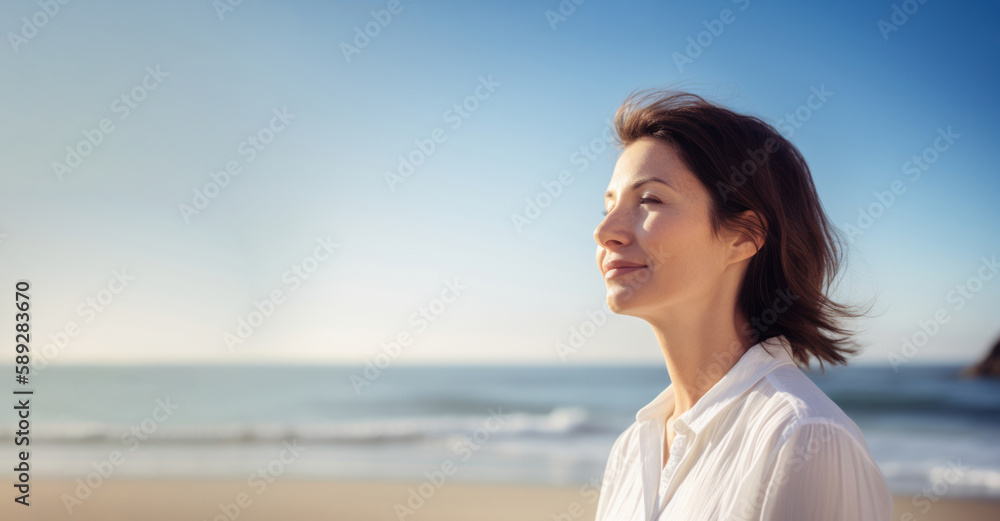 Meditative woman on beach: 40's brunette in light clothing practicing mindfulness by the sea. Generative AI Meditative woman on beach: 40's brunette in light clothing practicing mindfulness by the sea. Generative AI