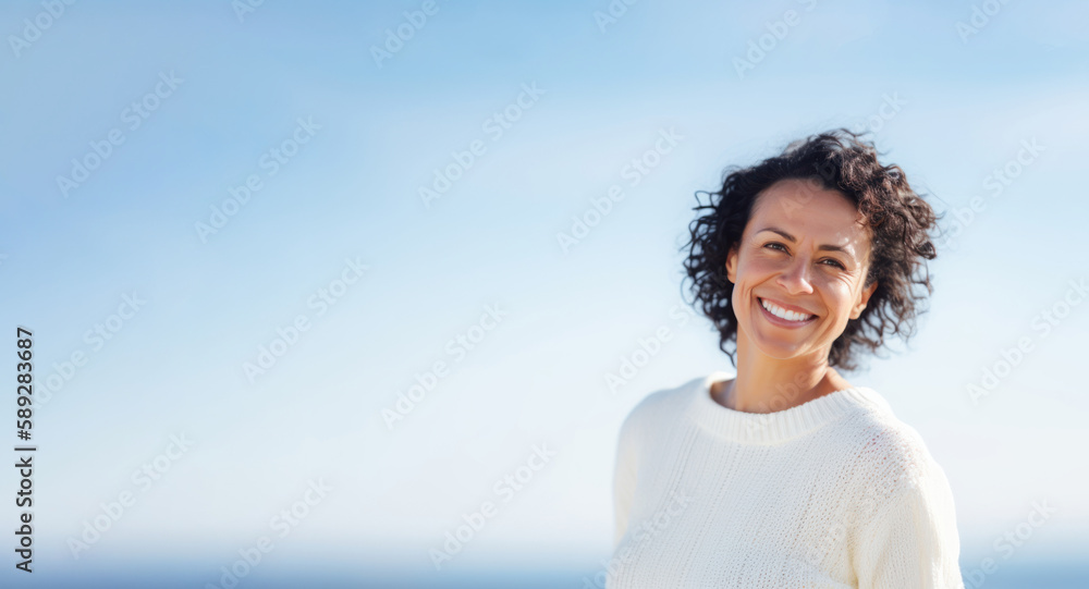 happy young woman in white sweater over blue sky and seaside background happy young woman in white sweater over blue sky and seaside background