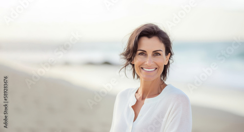 Leinwand Poster Happy 40 year old woman on the beach smiling with serenity