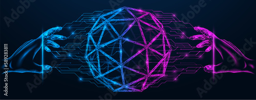 Neural network generates a 3d model of a polyhedron. Visualization of an object using artificial intelligence. Polygonal design of interconnected lines and points. Blue background.