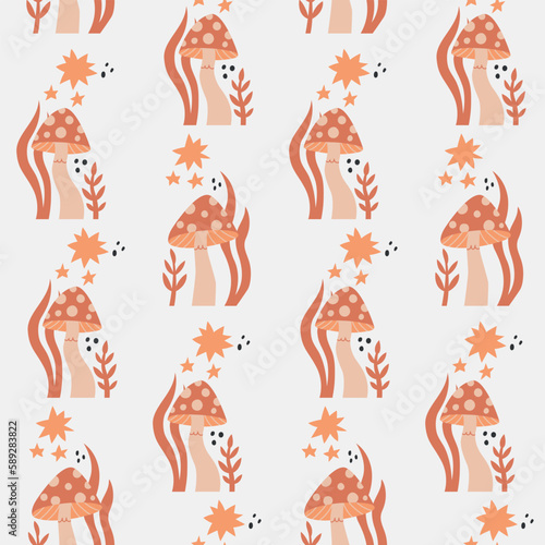 Seamless pattern groovy boho mushroom. Retro neutral background for print, textile, wrapping paper, fabric. Flat surface design