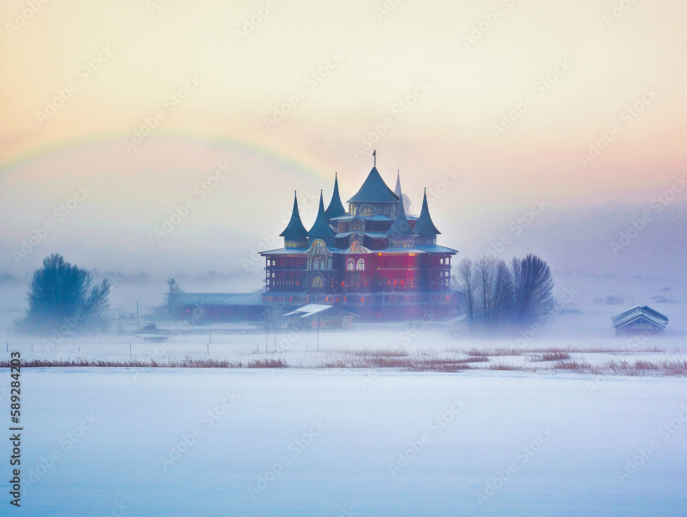 Obraz premium Orthodox wooden church on Kizhi island in winter mist - generative ai