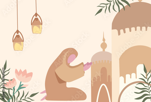 Eid Mubarak. A devout Muslims pray namaz or salah with Mosque Silhouette Backdrop. Great for cards, posters, banner. Vector Illustration