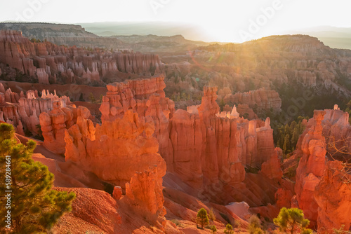 Panoramic morning sunrise view on sandstone rock formation of Thor hammer on Navajo Rim trail in Bryce Canyon National Park, Utah, USA. Golden hour colored hoodoos in unique natural amphitheatre