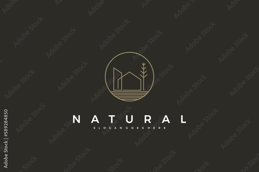Natural house tree line art logo concept simple design. Vector illustration Natural house tree line art logo concept simple design. Vector illustration