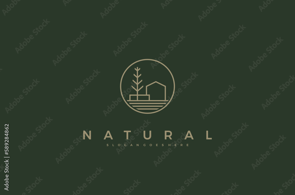 Natural house tree line art logo concept simple design. Vector illustration Natural house tree line art logo concept simple design. Vector illustration