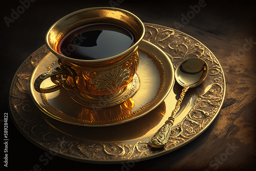 Morning coffee in a gold cup and golden plate. Rich and luxury lifestyle concept. Ai generated