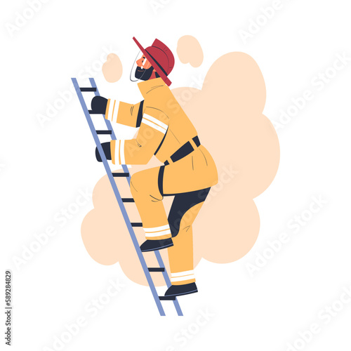 Professional firefighter climbing ladder. Fireman in uniform and hat with rescue equipment. Rescue emergency service in action cartoon vector