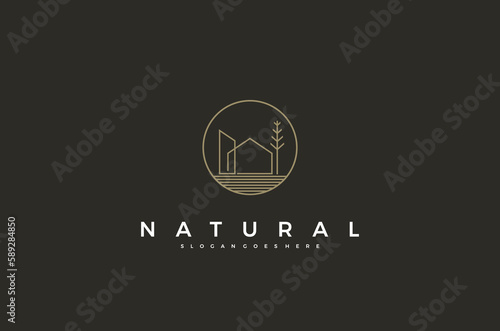 Natural house tree line art logo concept simple design. Vector illustration