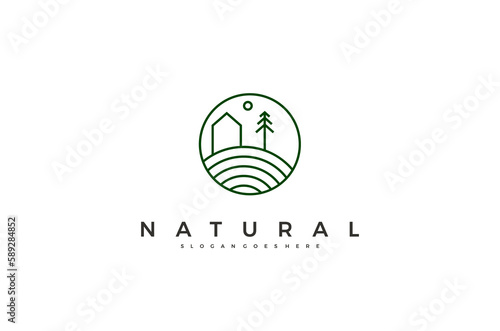 Natural house tree line art logo concept simple design. Vector illustration