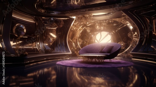 Stunning Champagne Gold and Dark Purple Interior with Futuristic Designs, Shimmery Walls and Intricate Digital Art in 8K HD for a Unique Look, Generative AI