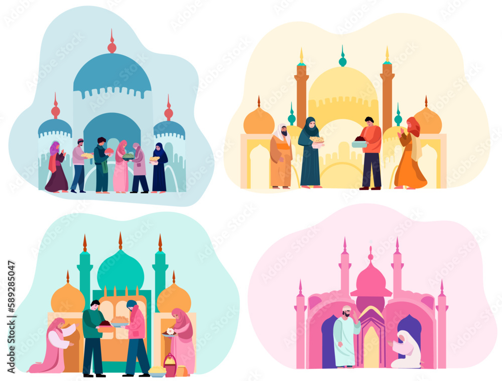 Celebrating Together: A Joyful Muslim Community with Mosque Silhouette Backdrop. Mans and women exchanging presents, extending congratulations to one another. Vector Illustration Celebrating Together: A Joyful Muslim Community with Mosque Silhouette Backdrop. Mans and women exchanging presents, extending congratulations to one another. Vector Illustration