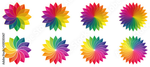 Colour palette wheel shaped like flower, petals with golden rim. Version with 12 to 24 leaves