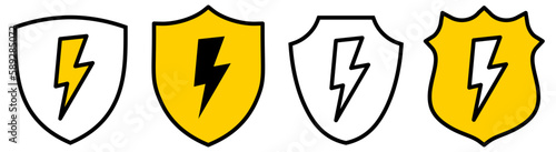 Flash icon inside shield, different versions. Protection from power surge concept