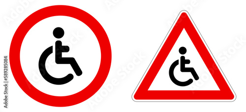 Disabled icon in red circle and triangle - careful, wheelchair warning or not allowed sign