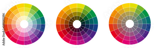 Colour palette wheel - RYB model, circle divided into sixteen shades, version with different light, dark and saturation