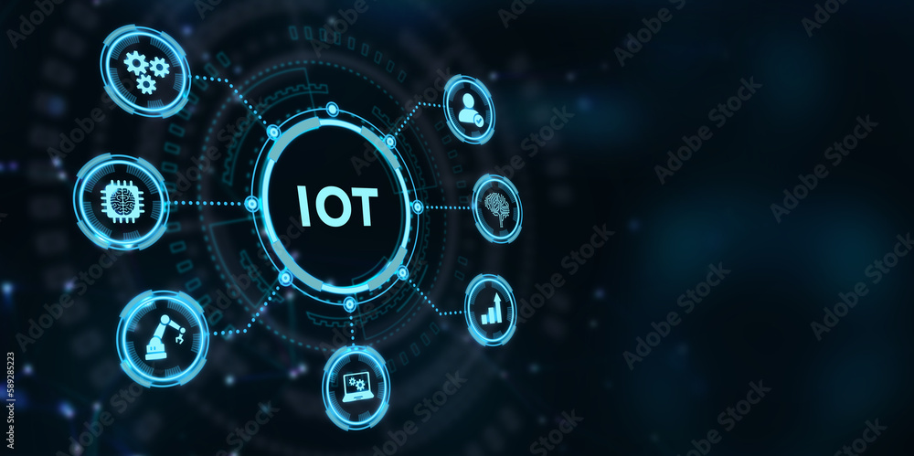 Internet of things - IOT concept. Businessman offer IOT products and solutions. The future of technology. Virtual screen of the future with the inscription: IOT. 3d illustration Internet of things - IOT concept. Businessman offer IOT products and solutions. The future of technology. Virtual screen of the future with the inscription: IOT. 3d illustration